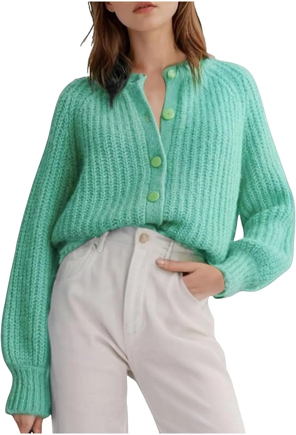 Cardigan Sweaters for Women Fall Crew Neck Loose Fit Open Front Cardigan Long Sleeve Button Chunky Knit Sweater