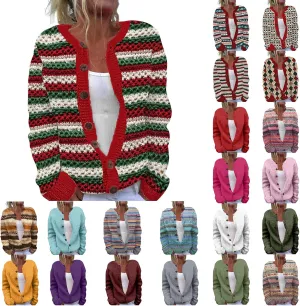 Cardigan Sweaters for Women Trendy Color Block Chunky Knit Open Front Cardigan Casual Button Down Long Sleeve Jacket