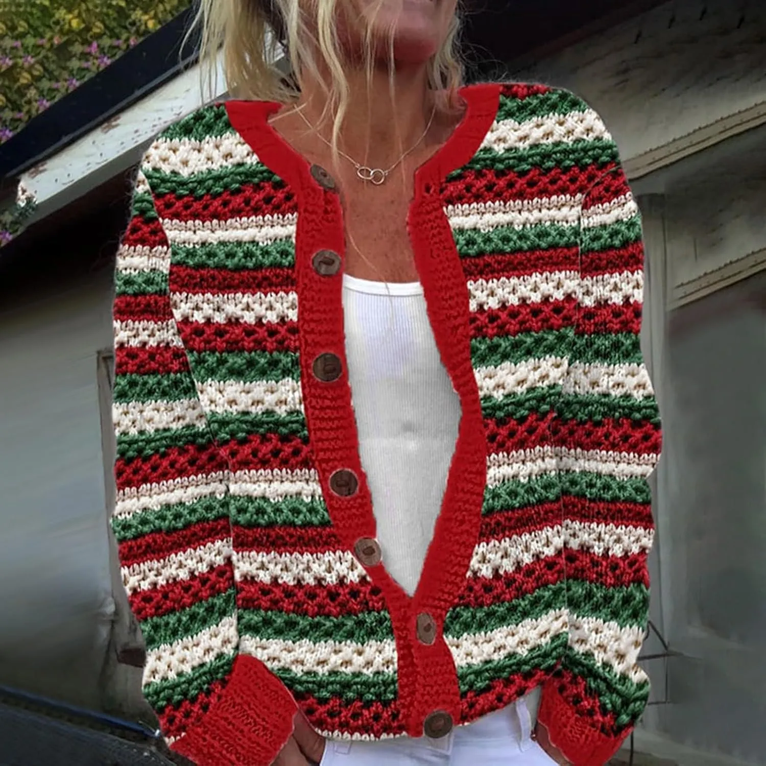 Cardigan Sweaters for Women Trendy Color Block Chunky Knit Open Front Cardigan Casual Button Down Long Sleeve Jacket