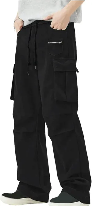 Cargo Pants Men Loose Fit Multi Pocket Bottoms Elastic Waist Straight Leg Tactical Workwear Adventure