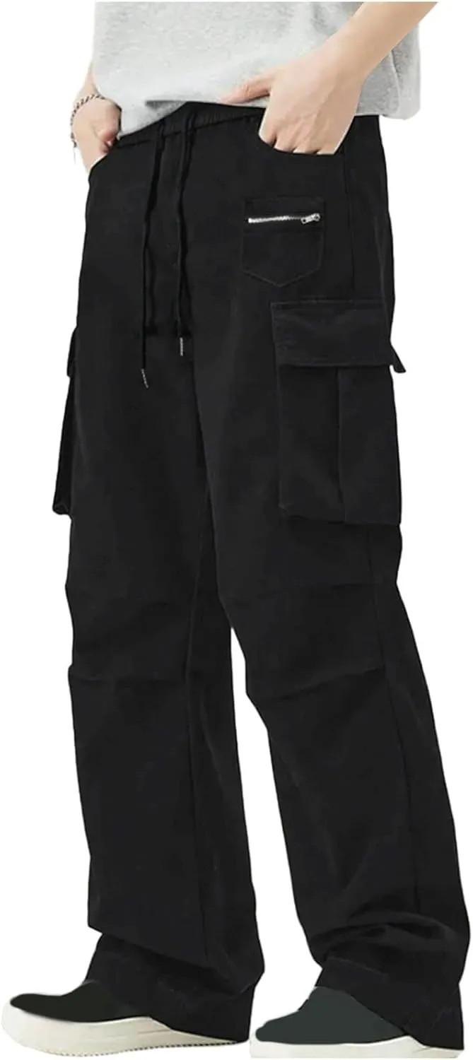 Cargo Pants Men Loose Fit Multi Pocket Bottoms Elastic Waist Straight Leg Tactical Workwear Adventure