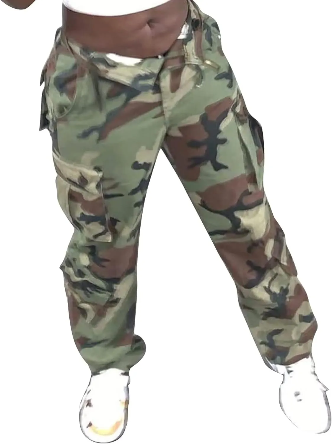 Cargo Pants Women, Camo Hiking Pants, Casual Y2K Parachute Pants with Zipper Pockets