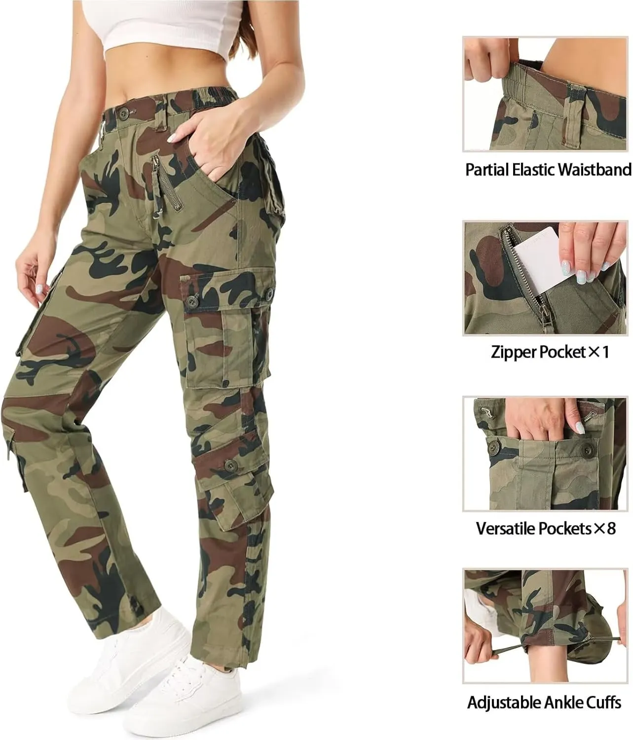 Cargo Pants Women, Camo Hiking Pants, Casual Y2K Parachute Pants with Zipper Pockets