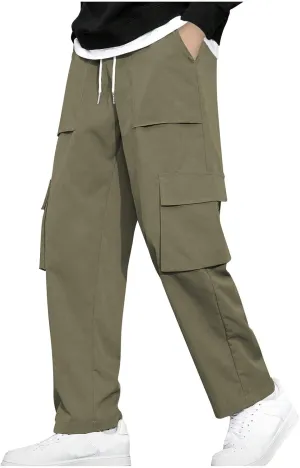 Cargo Work Pants for Men Elastic Waist Chino Pants Straight Leg Pants Drawstring Stretch Active Pants with Pockets