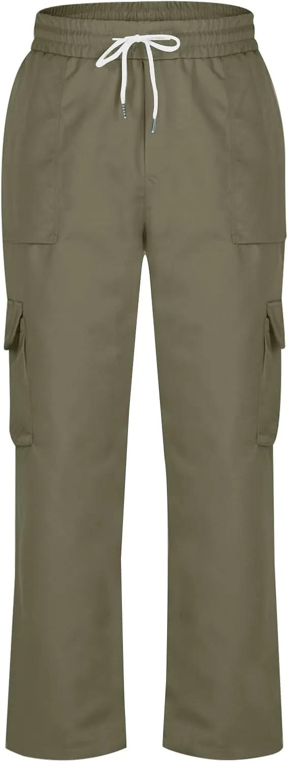 Cargo Work Pants for Men Elastic Waist Chino Pants Straight Leg Pants Drawstring Stretch Active Pants with Pockets