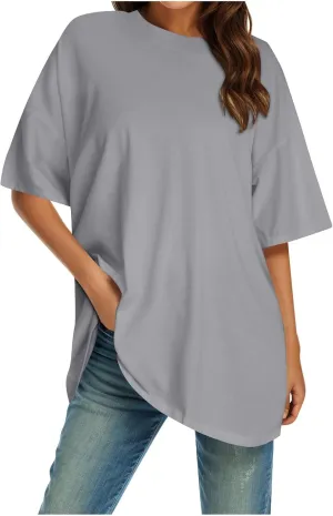 Casual T Shirts for Women Oversized Solid Short Sleeve Tees Plus Size Crew Neck Drop Shoulder Summer Basic Daily Tops
