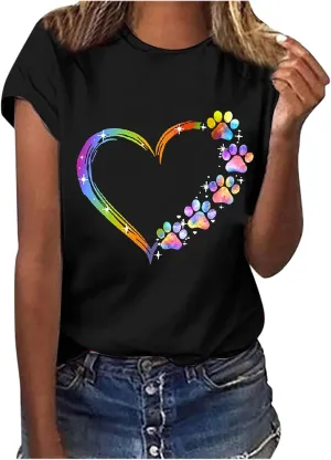 Ceboyel Women Love Heart Print Graphic Tees Short Sleeve Casual Blouses Crew Neck Cute T Shirts Trendy Ladies Clothes 2023