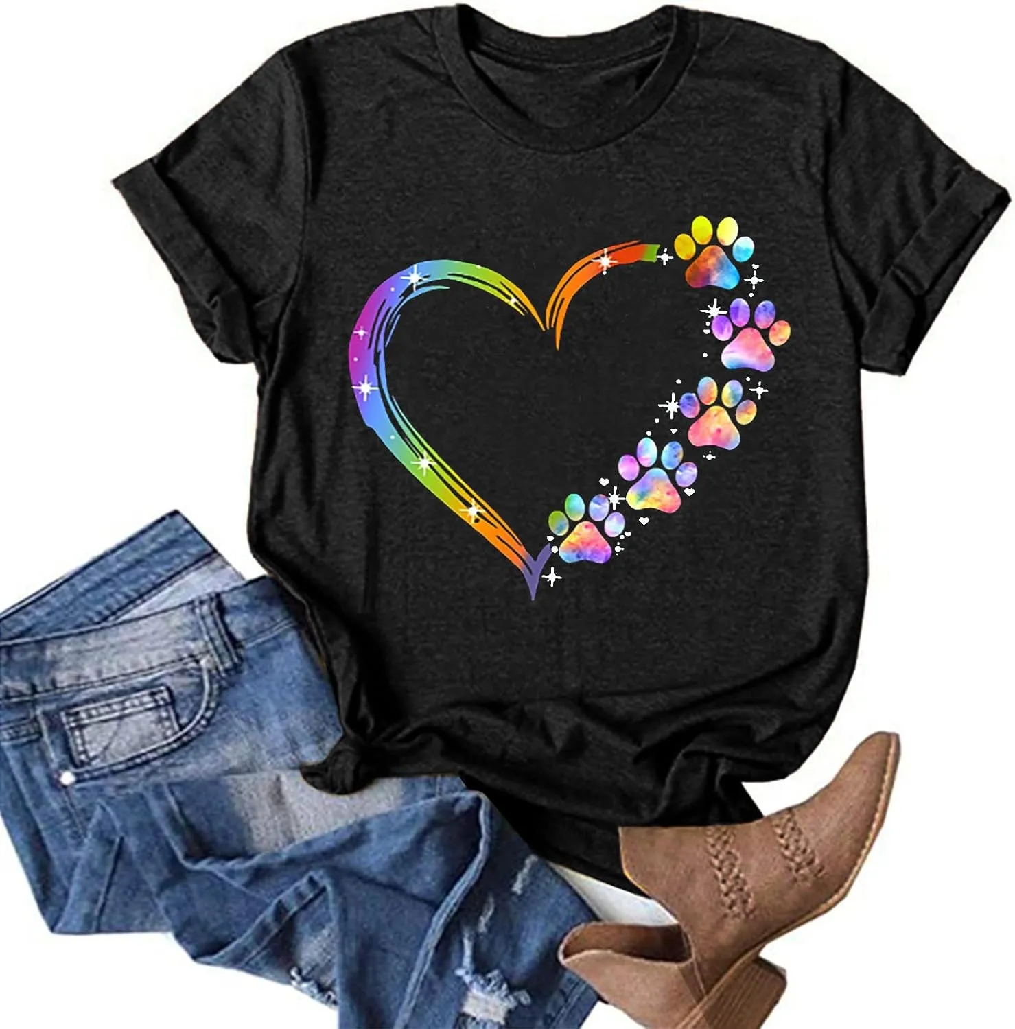 Ceboyel Women Love Heart Print Graphic Tees Short Sleeve Casual Blouses Crew Neck Cute T Shirts Trendy Ladies Clothes 2023