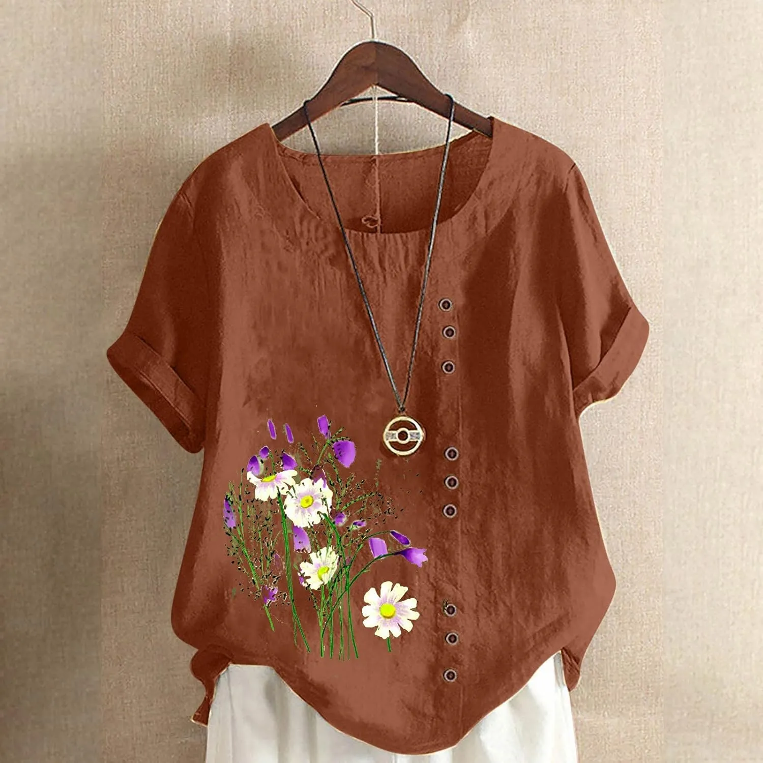 Ceboyel Women Summer Cotton Linen Shirts Dandelion Print Blouses Short Sleeve Casual Tops Boho Loose Fit Ladies Clothing