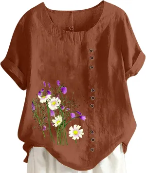 Ceboyel Women Summer Cotton Linen Shirts Dandelion Print Blouses Short Sleeve Casual Tops Boho Loose Fit Ladies Clothing