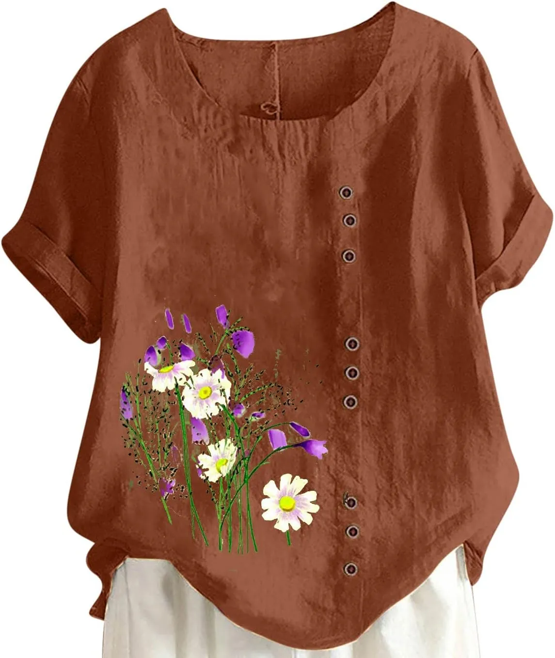Ceboyel Women Summer Cotton Linen Shirts Dandelion Print Blouses Short Sleeve Casual Tops Boho Loose Fit Ladies Clothing