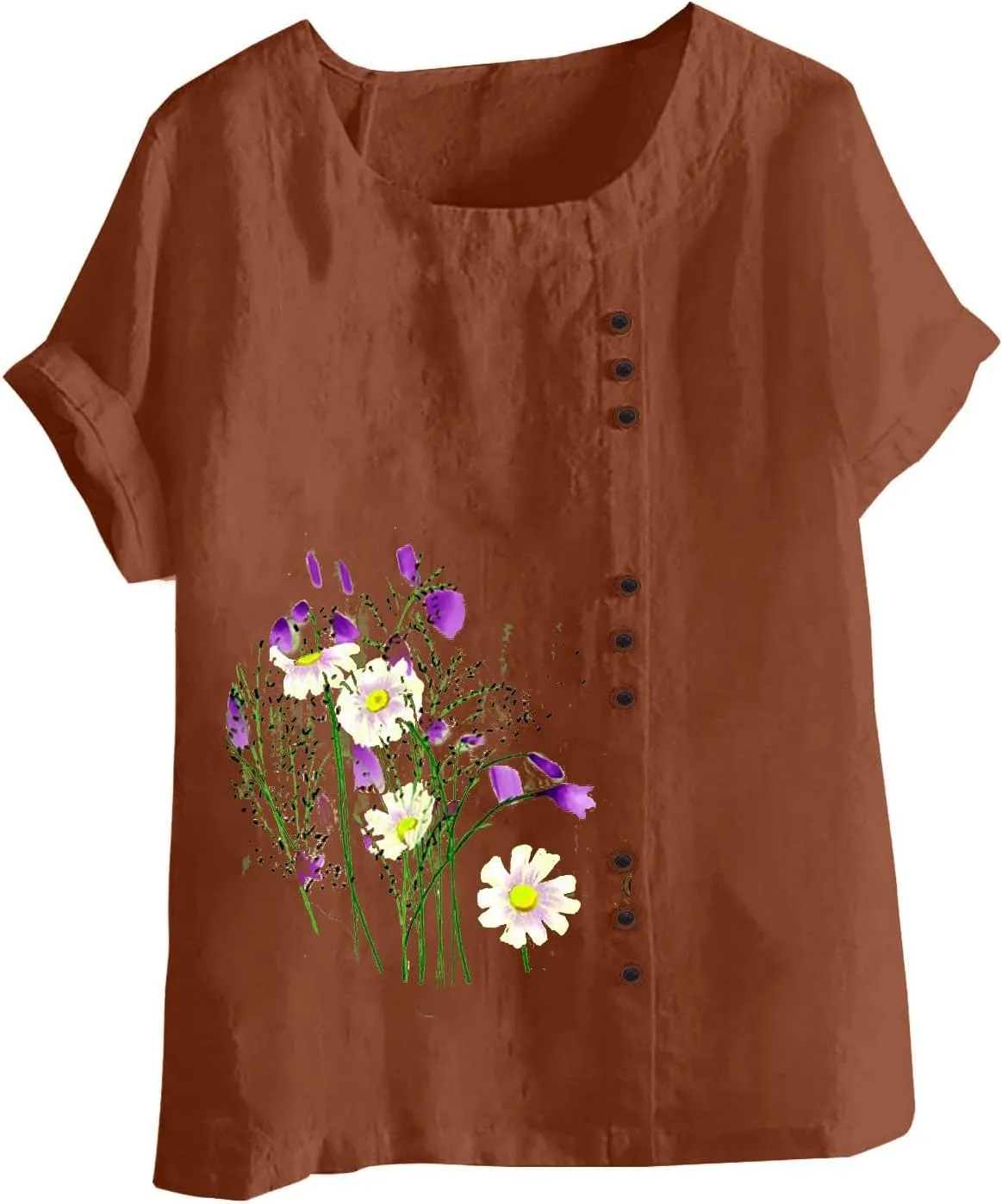 Ceboyel Women Summer Cotton Linen Shirts Dandelion Print Blouses Short Sleeve Casual Tops Boho Loose Fit Ladies Clothing