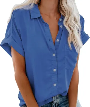Ceboyel Womens Cotton Linen Button Down Shirts Short Sleeve Summer Tops Dressy Casual Collared Cute Ladies Work Blouses
