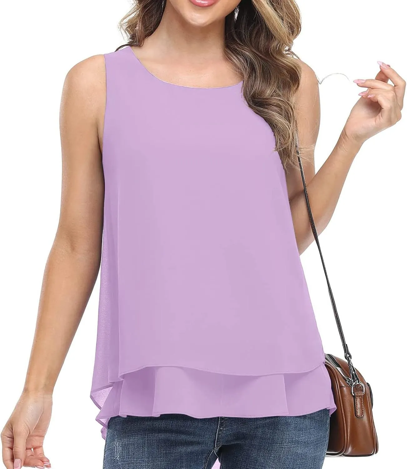 Chiffon Tank Tops for Women Summer Sleeveless Double Layer Ruffle Hem Shirts Casual Plus Size Loose Fit Solid Blouse