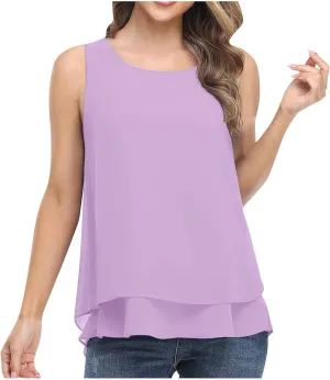 Chiffon Tank Tops for Women Summer Sleeveless Double Layer Ruffle Hem Shirts Casual Plus Size Loose Fit Solid Blouse