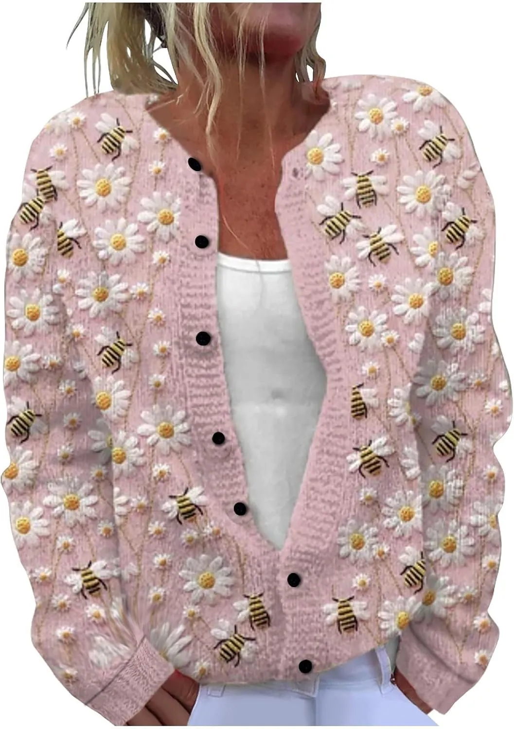 Christmas Sweater for Women Cute Xmas Floral Printed Cardigans Sweaters Open Front Button Down Casual Knitted Outerwear