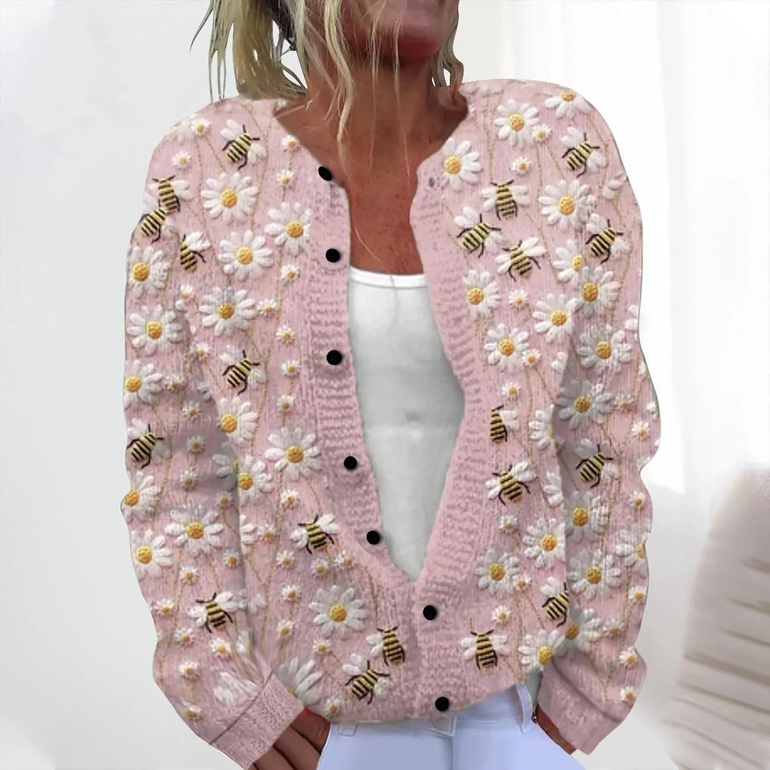 Christmas Sweater for Women Cute Xmas Floral Printed Cardigans Sweaters Open Front Button Down Casual Knitted Outerwear