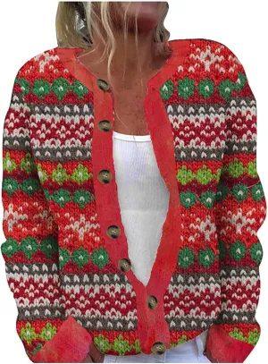 Christmas Sweater for Women Cute Xmas Floral Printed Cardigans Sweaters Open Front Button Down Casual Knitted Outerwear