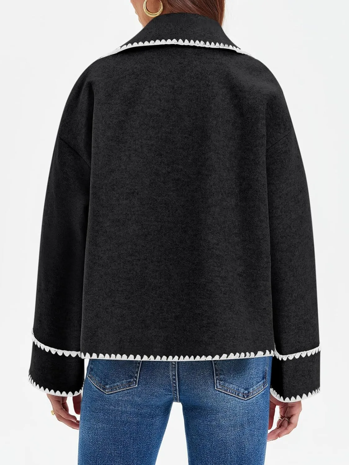 Cicy Bell Womens Cropped Wool Jacket Embroidered Contrast Trims Blazer Fall Short Pea Coat with Pockets