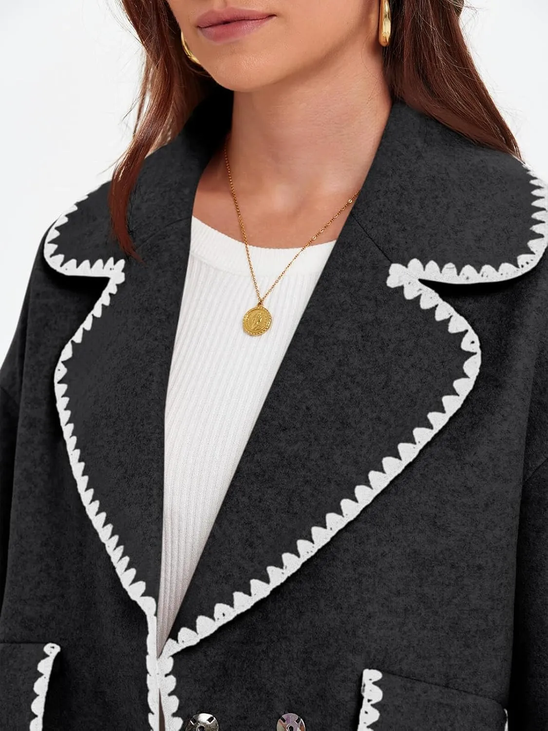 Cicy Bell Womens Cropped Wool Jacket Embroidered Contrast Trims Blazer Fall Short Pea Coat with Pockets