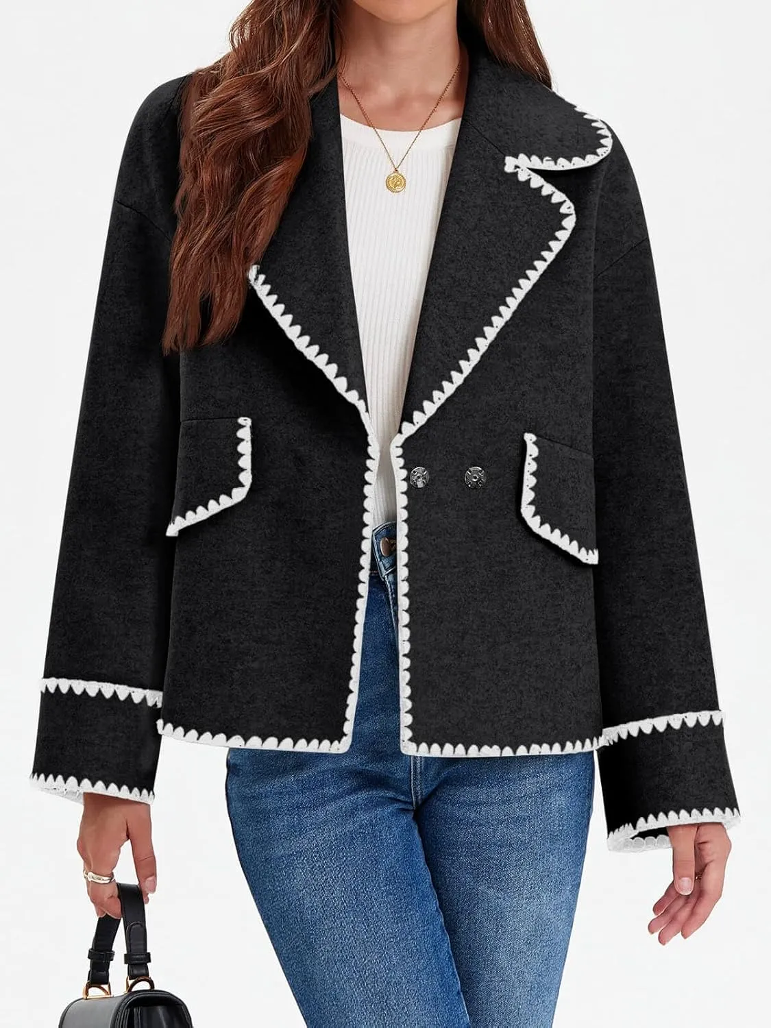 Cicy Bell Womens Cropped Wool Jacket Embroidered Contrast Trims Blazer Fall Short Pea Coat with Pockets