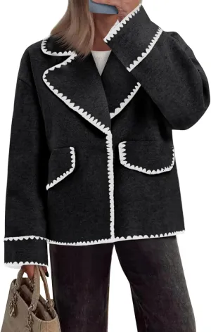 Cicy Bell Womens Cropped Wool Jacket Embroidered Contrast Trims Blazer Fall Short Pea Coat with Pockets