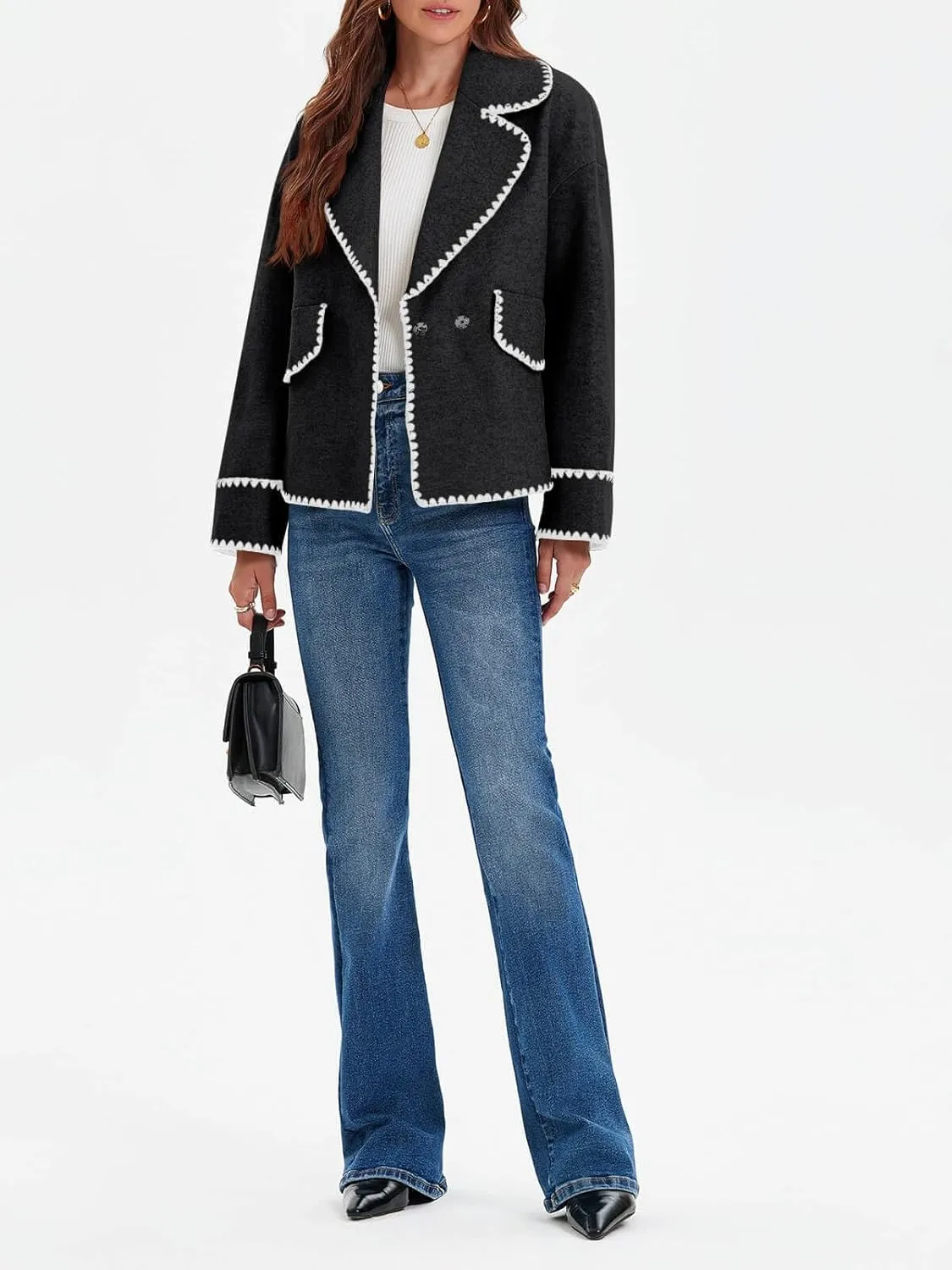 Cicy Bell Womens Cropped Wool Jacket Embroidered Contrast Trims Blazer Fall Short Pea Coat with Pockets