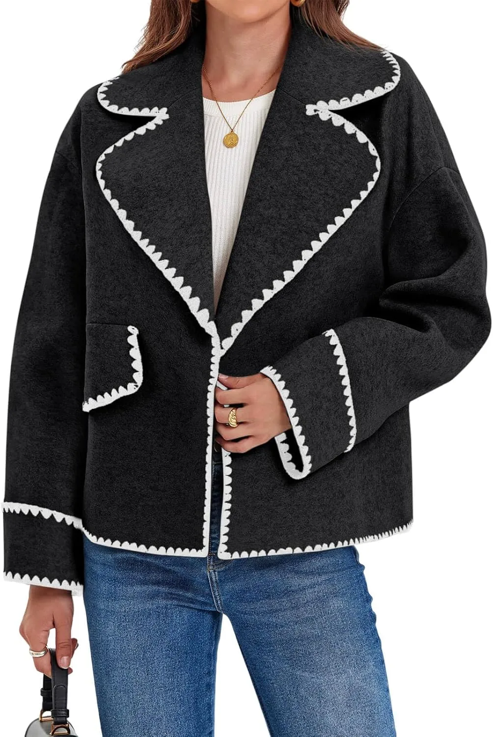 Cicy Bell Womens Cropped Wool Jacket Embroidered Contrast Trims Blazer Fall Short Pea Coat with Pockets