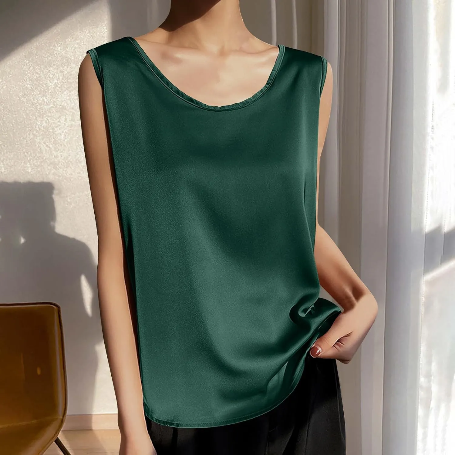 Comfy Satin Silk Tank Tops for Women Summer Boat Neck Neck Sleeveless Undershirt Casual Elegant Basic Tanks Blouses