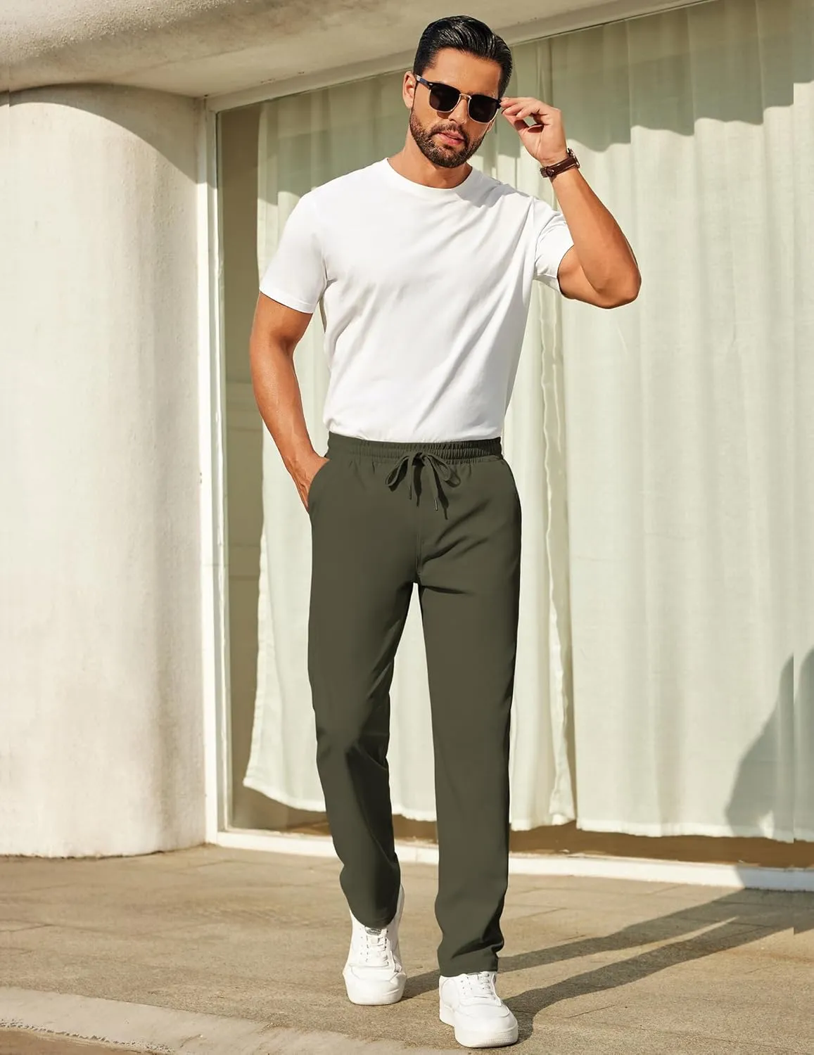 COOFANDY Mens Casual Pants Elastic Waist Chino Pants Lightweight Drawstring Pants with Pockets