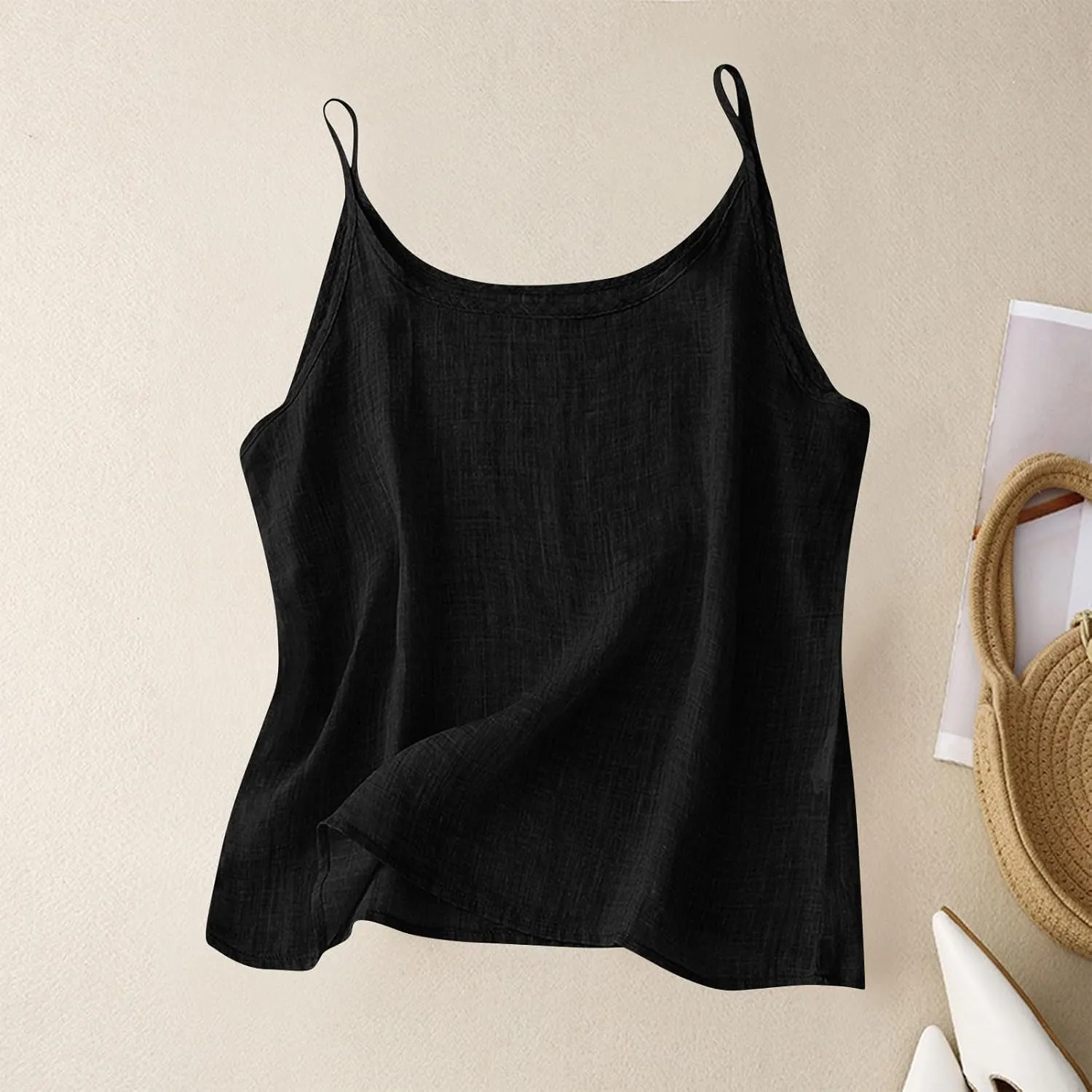 Cotton Linen Camisole Tops for Women Solid Spaghetti Strap Loose Fit Tank Top Summer 2025 Casual Sleeveless Shirts