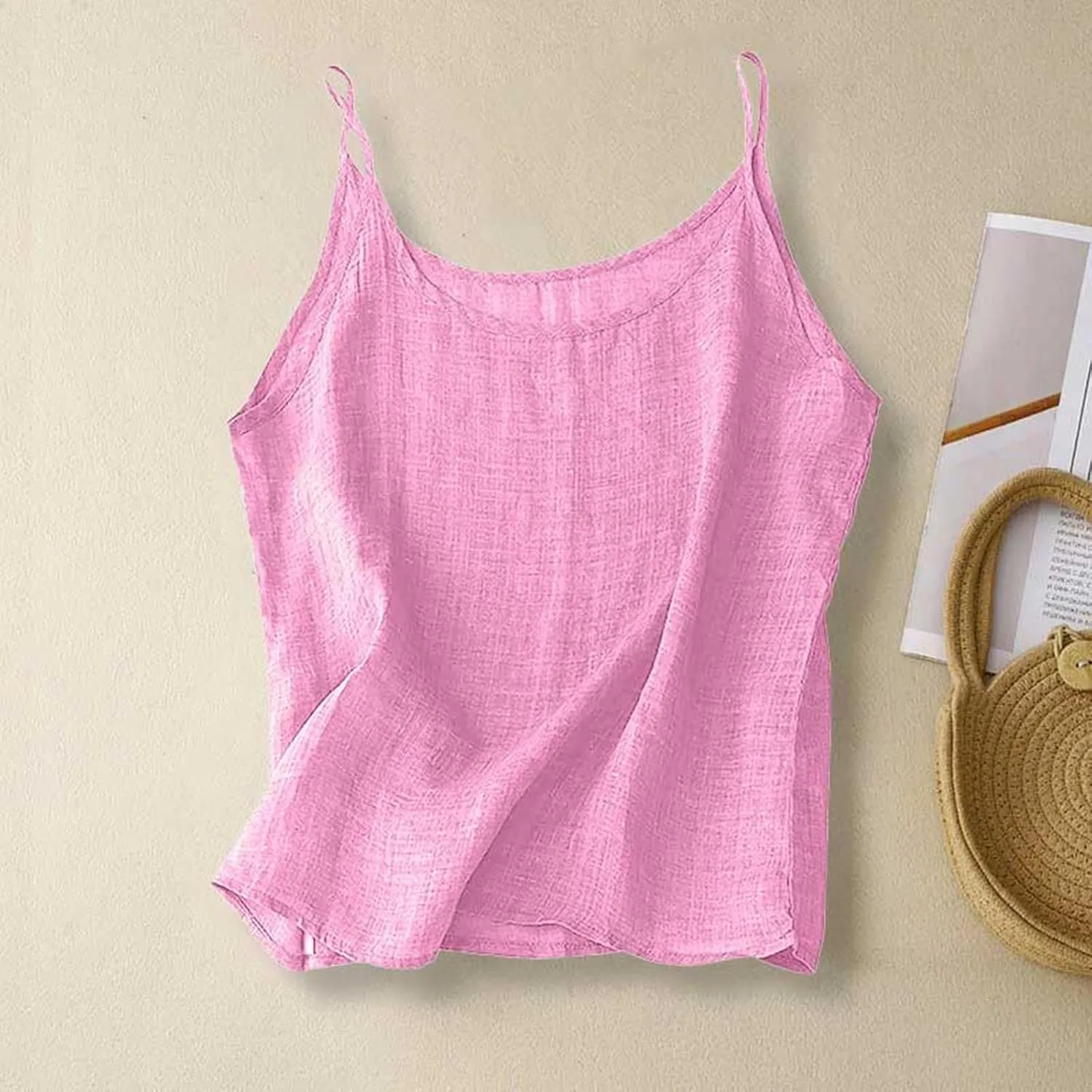 Cotton Linen Camisole Tops for Women Spaghetti Strap Loose Fit Tank Top Cami Summer Casual Sleeveless Gauze Shirts