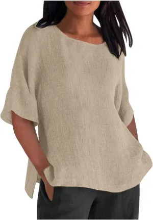 Cotton Linen Shirt for Women 2025 Vacation Summer Loose Fit Casual 3/4 Sleeve Tops Tshirt Cotton Blouse Basic Tees