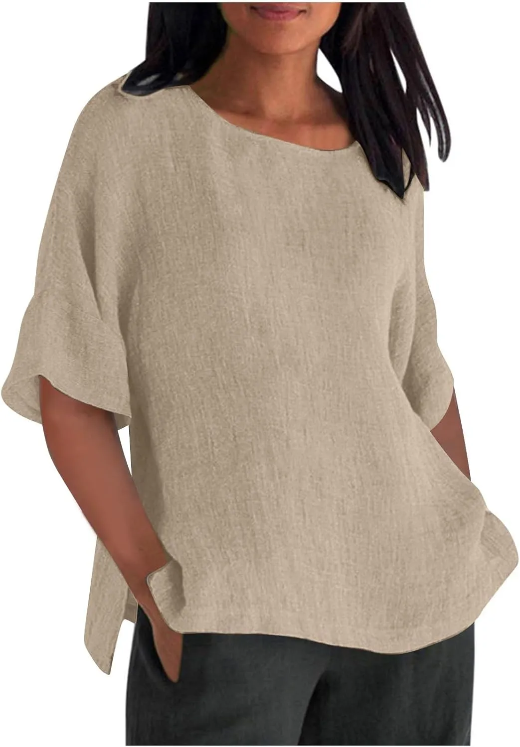 Cotton Linen Shirt for Women 2025 Vacation Summer Loose Fit Casual 3/4 Sleeve Tops Tshirt Cotton Blouse Basic Tees