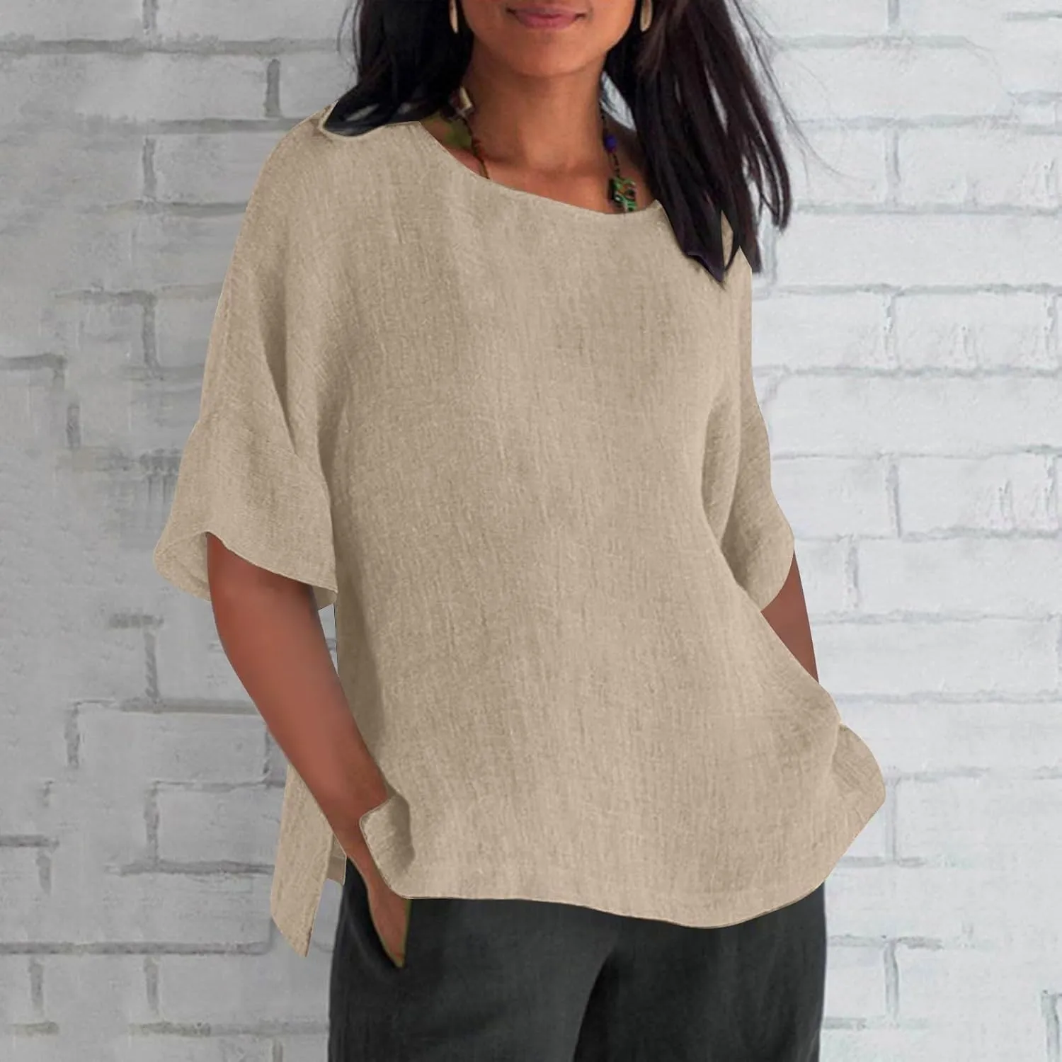Cotton Linen Shirt for Women 2025 Vacation Summer Loose Fit Casual 3/4 Sleeve Tops Tshirt Cotton Blouse Basic Tees