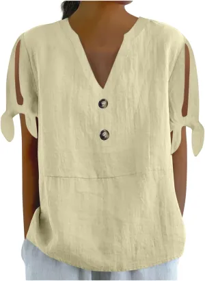 Cotton Linen Shirts for Women Cold Shoulder Knot Short Sleeve V Neck Tops Button Trendy Business Work Blouses