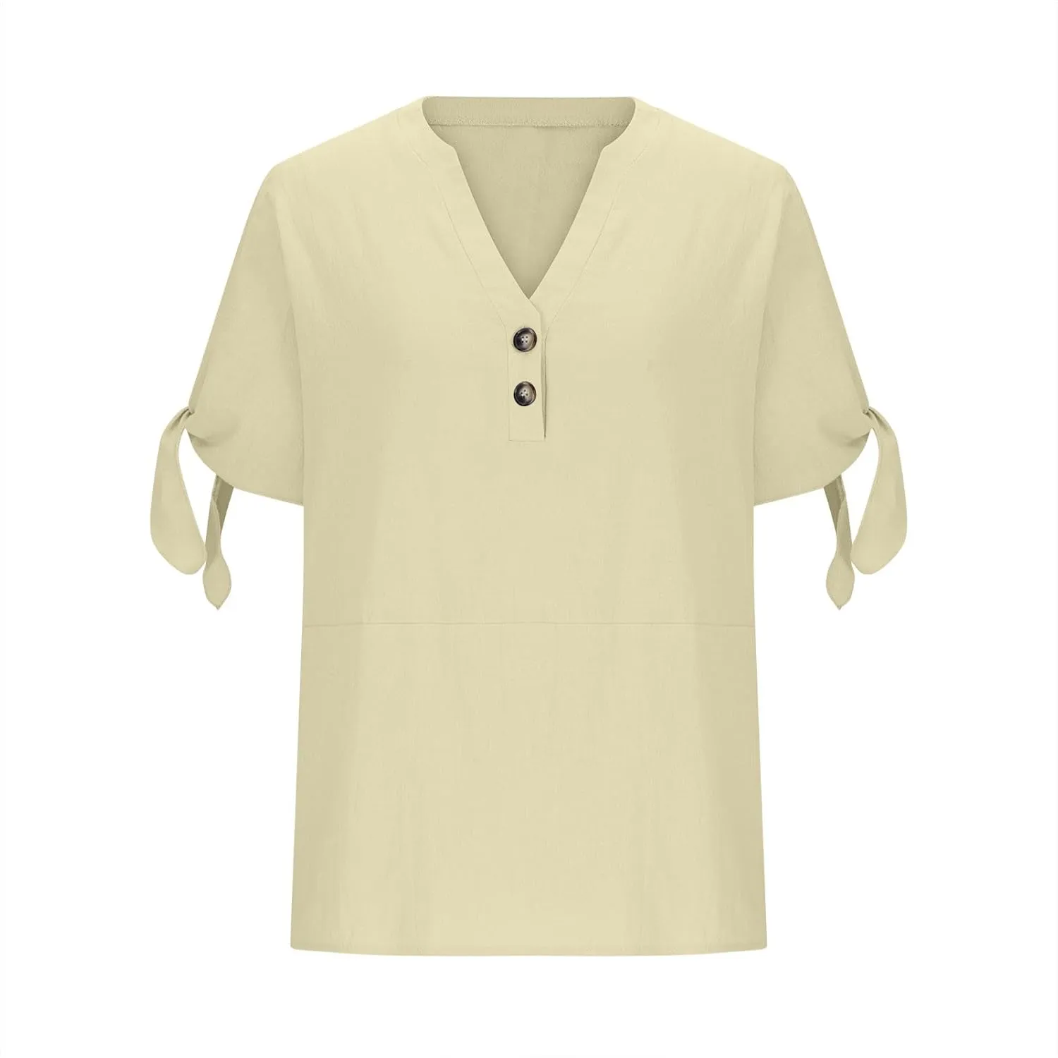 Cotton Linen Shirts for Women Cold Shoulder Knot Short Sleeve V Neck Tops Button Trendy Business Work Blouses
