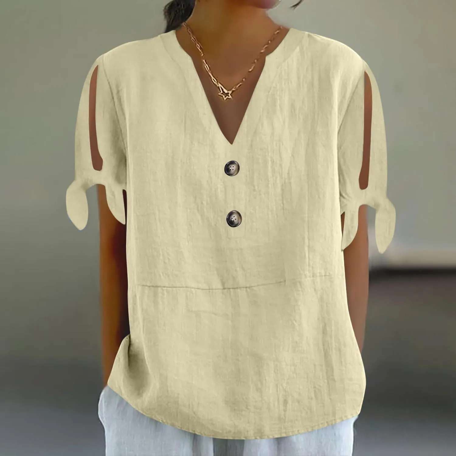 Cotton Linen Shirts for Women Cold Shoulder Knot Short Sleeve V Neck Tops Button Trendy Business Work Blouses