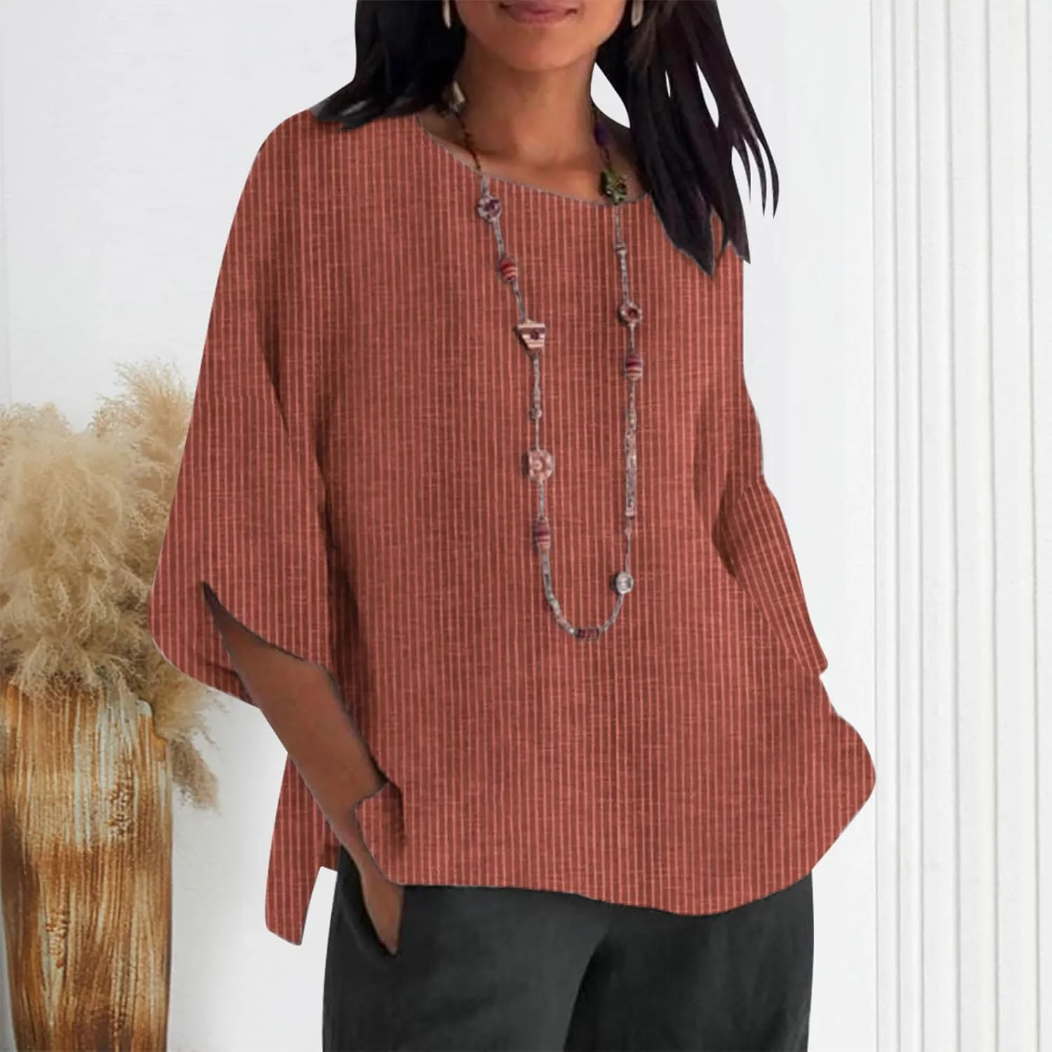 Cotton Linen Shirts for Women Loose Fit Ruffle Half Sleeve Summer Tunic Tops Side Split Dressy Tees Plus Size Blouse