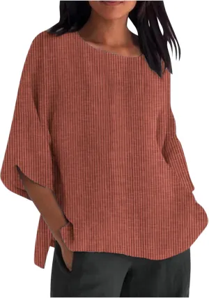Cotton Linen Shirts for Women Loose Fit Ruffle Half Sleeve Summer Tunic Tops Side Split Dressy Tees Plus Size Blouse