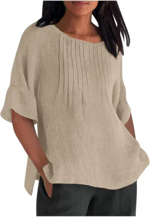Cotton Linen Shirts for Women Loose Fit Ruffle Half Sleeve Summer Tunic Tops Side Split Dressy Tees Plus Size Blouse