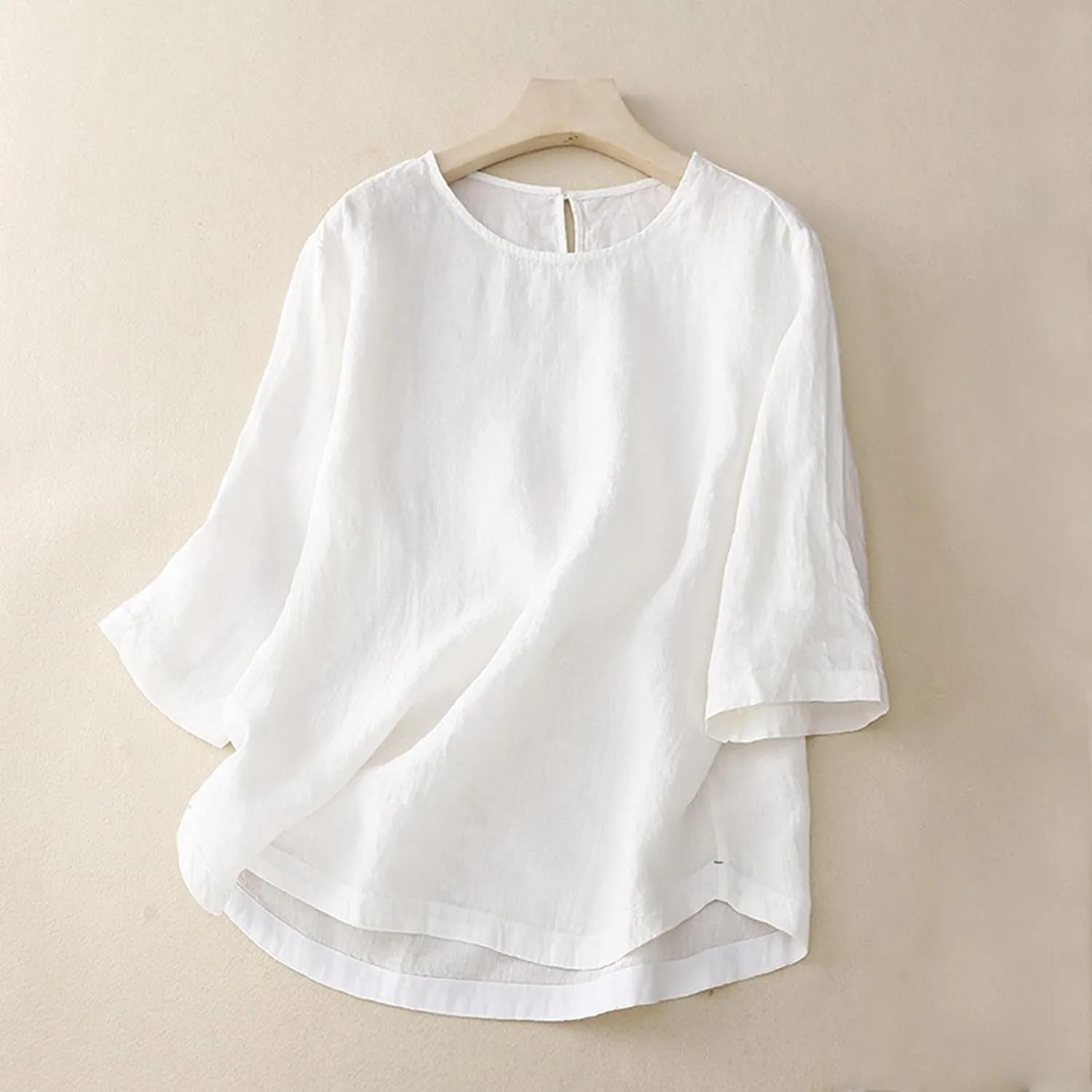 Cotton Linen Shirts for Women Summer Solid Color Basic Crew Neck 3/4 Sleeve Tops Casual Trendy Loose Beach Blouse