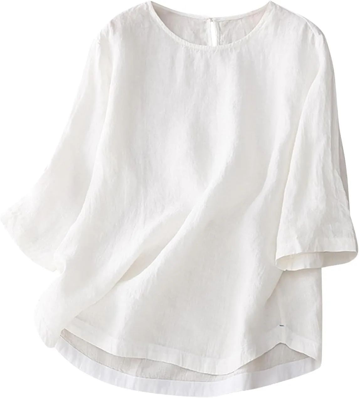 Cotton Linen Shirts for Women Summer Solid Color Basic Crew Neck 3/4 Sleeve Tops Casual Trendy Loose Beach Blouse