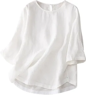 Cotton Linen Shirts for Women Summer Solid Color Basic Crew Neck 3/4 Sleeve Tops Casual Trendy Loose Beach Blouse