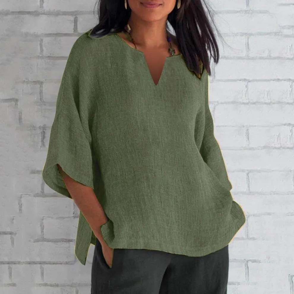 Cotton Linen Shirts for Womens Summer Short Sleeve V Neck Tunic Tops Loose Fit Dressy Blouses Solid Color T-Shirts