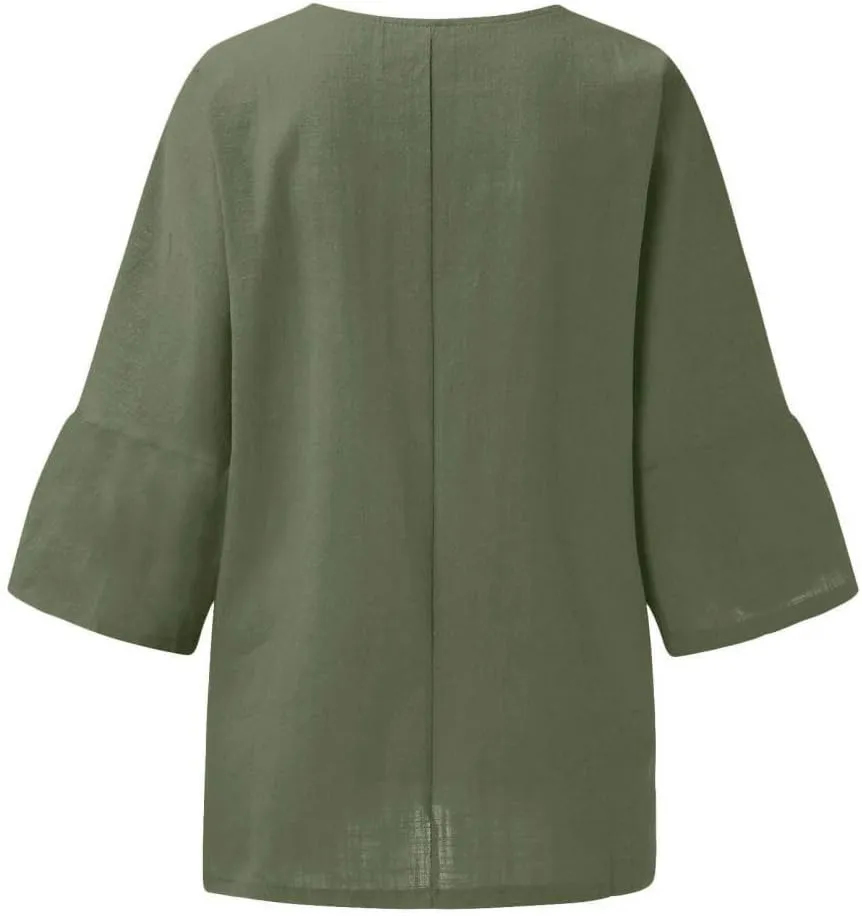 Cotton Linen Shirts for Womens Summer Short Sleeve V Neck Tunic Tops Loose Fit Dressy Blouses Solid Color T-Shirts