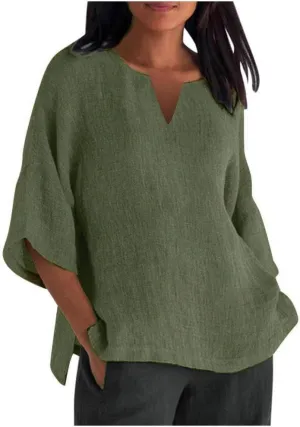 Cotton Linen Shirts for Womens Summer Short Sleeve V Neck Tunic Tops Loose Fit Dressy Blouses Solid Color T-Shirts