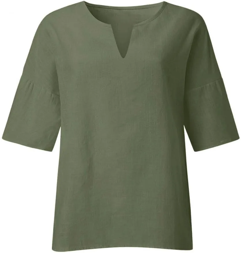 Cotton Linen Shirts for Womens Summer Short Sleeve V Neck Tunic Tops Loose Fit Dressy Blouses Solid Color T-Shirts