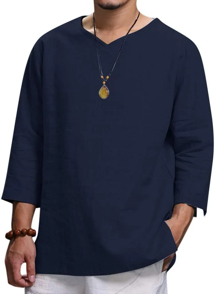 Cotton Linen T-Shirts for Men Stylish 3/4 Sleeve V Neck Casual Summer Tops Lightweight Quick Dry Loose Beach Shirts