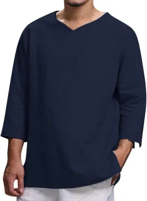 Cotton Linen T-Shirts for Men Stylish 3/4 Sleeve V Neck Casual Summer Tops Lightweight Quick Dry Loose Beach Shirts